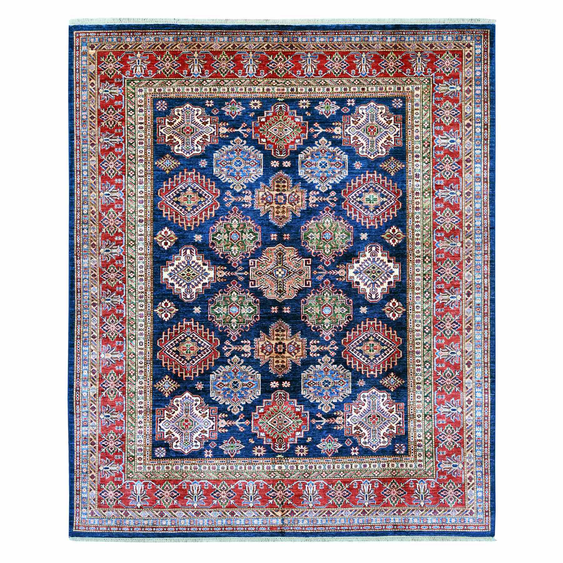 8'x9'5" Navy Blue, Hand Knotted, Afghan Super Kazak with Tribal Medallions Design, Vegetable Dyes, Pure Wool, Oriental Rug 